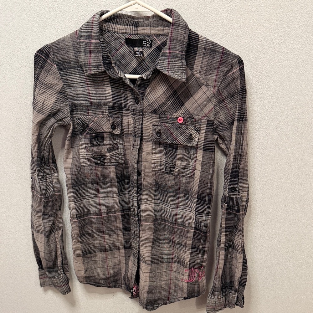 Fox Black, Gray and Pink Plaid Button-Up Shirt